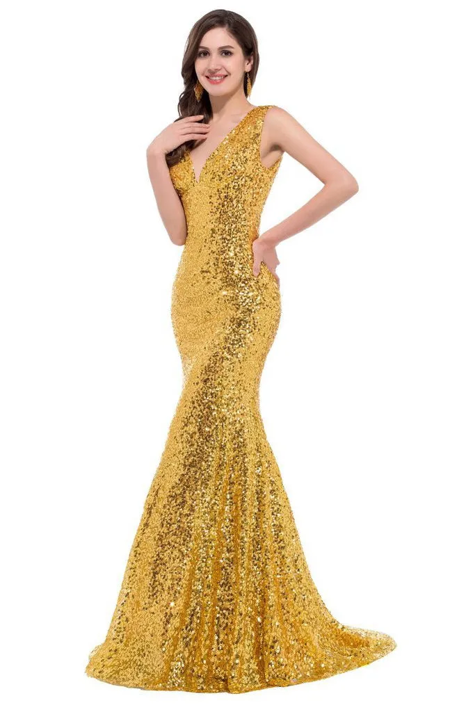 SLEEVELESS DEEP V-NECK SEQUIN FISHTAIL FORMAL DRESS
