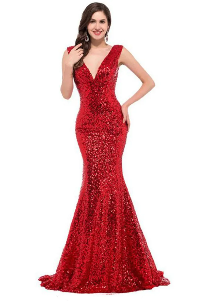 SLEEVELESS DEEP V-NECK SEQUIN FISHTAIL FORMAL DRESS