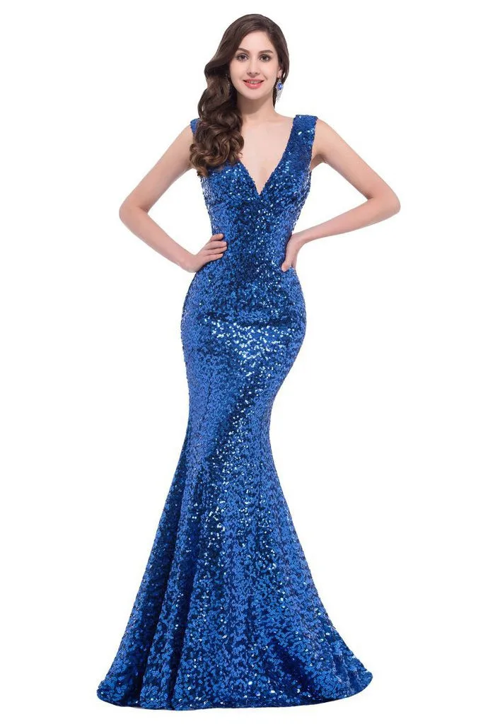 SLEEVELESS DEEP V-NECK SEQUIN FISHTAIL FORMAL DRESS