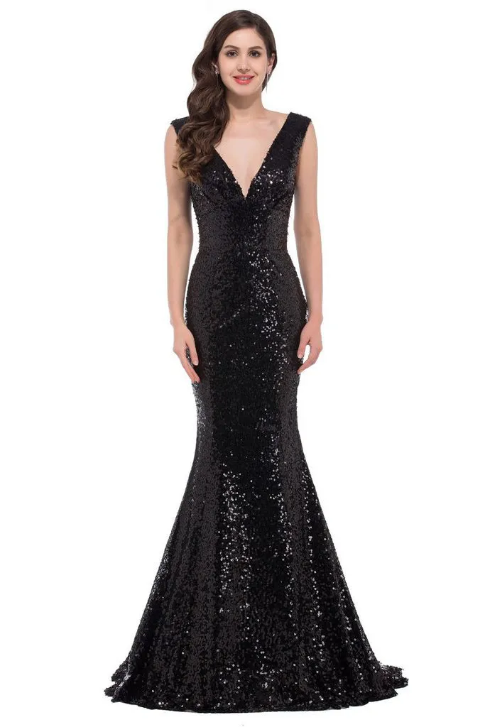 SLEEVELESS DEEP V-NECK SEQUIN FISHTAIL FORMAL DRESS