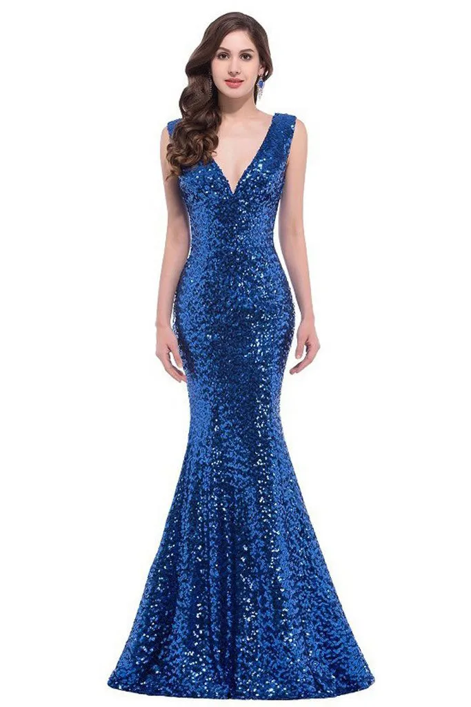 SLEEVELESS DEEP V-NECK SEQUIN FISHTAIL FORMAL DRESS