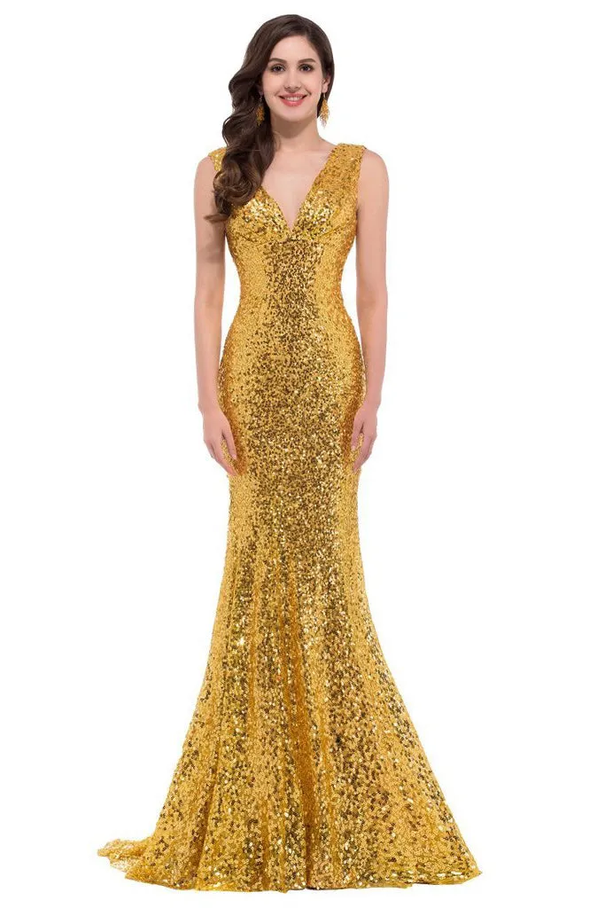SLEEVELESS DEEP V-NECK SEQUIN FISHTAIL FORMAL DRESS