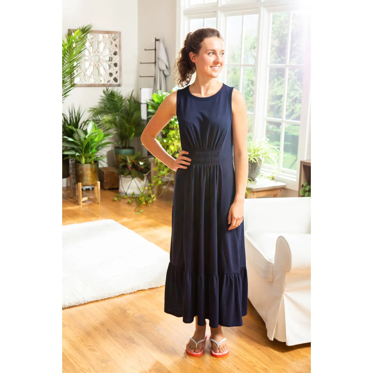 Sleeveless Dress, Navy, Sizes include 1S, 2M, 2L, 1 XL. Dress length is 40",7tun251