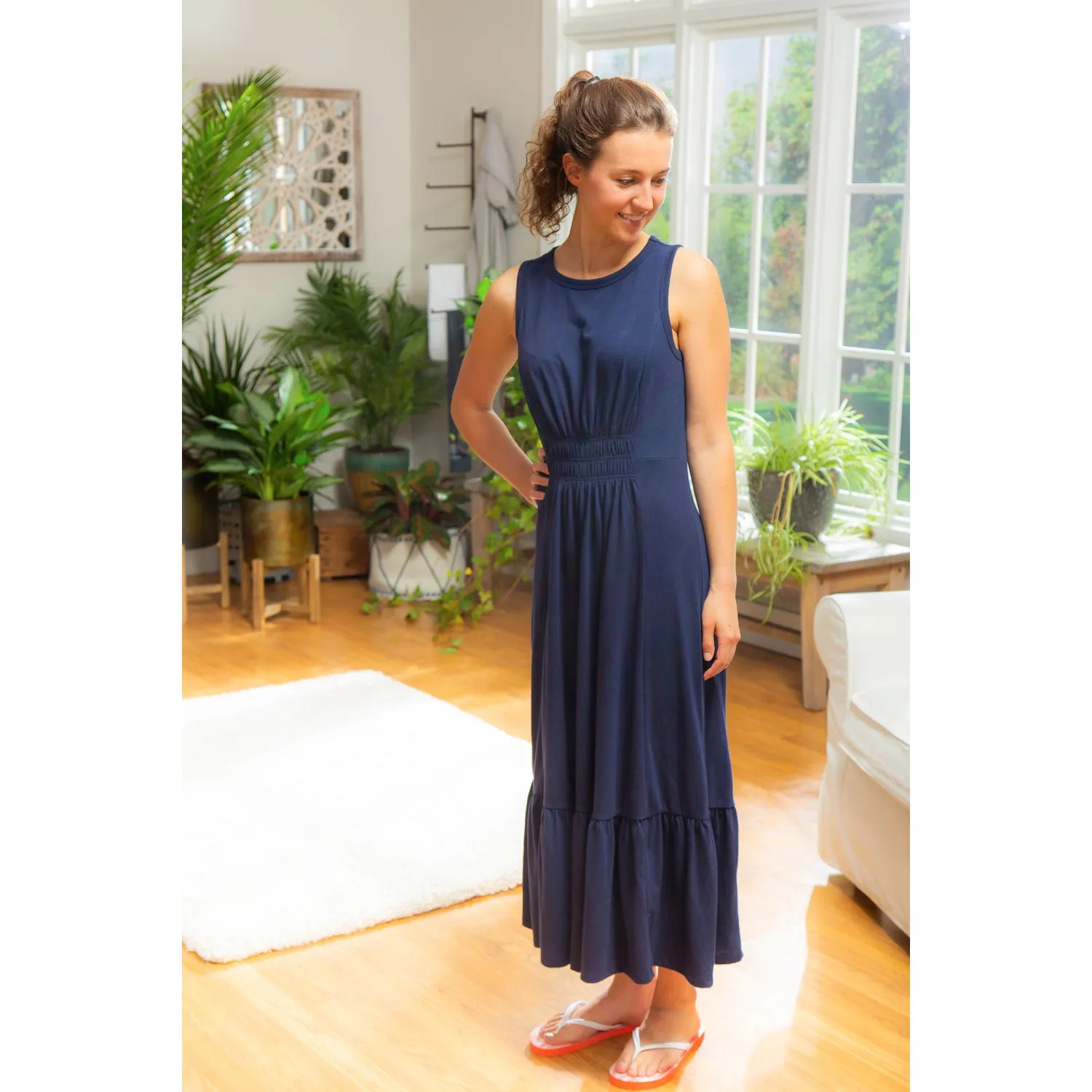 Sleeveless Dress, Navy, Sizes include 1S, 2M, 2L, 1 XL. Dress length is 40",7tun251