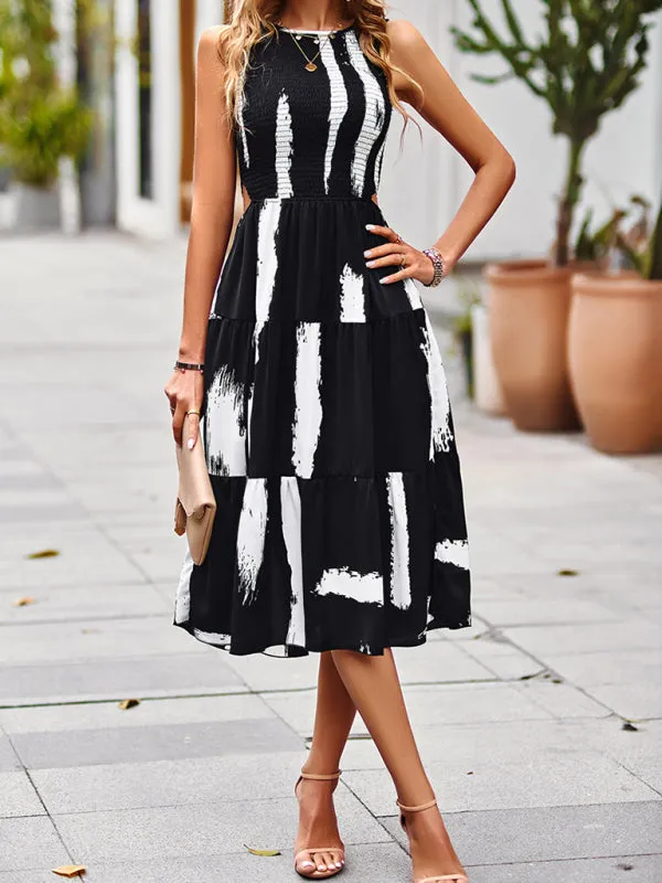 Sleeveless Floral Dress with High Neckline and Side Slit