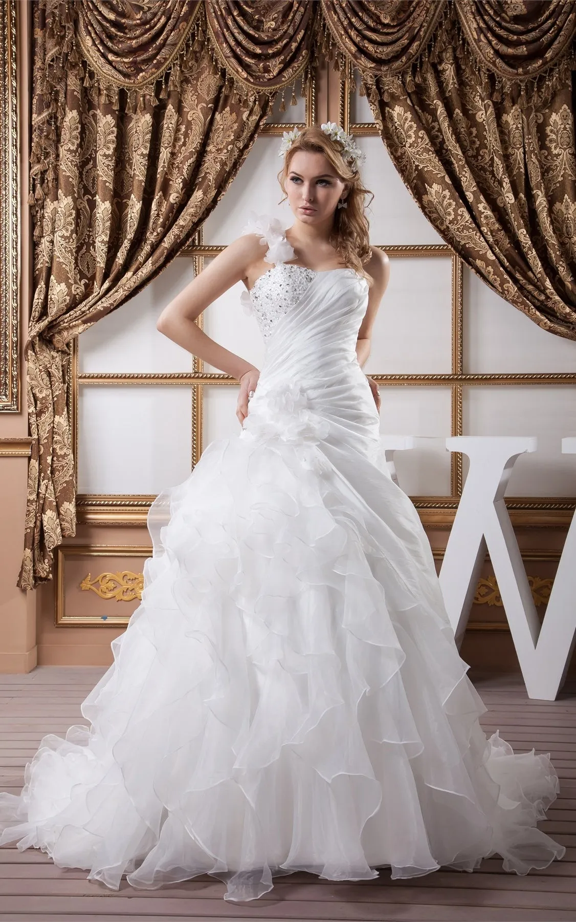 Sleeveless Side-Ruched Ball Gown with Beading and Ruffles-GC_707174