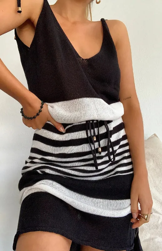 Sleeveless V-Neck Mini Dress with Striped Pattern and Drawstring Waist