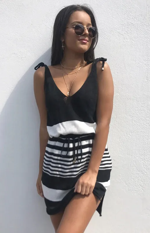 Sleeveless V-Neck Mini Dress with Striped Pattern and Drawstring Waist