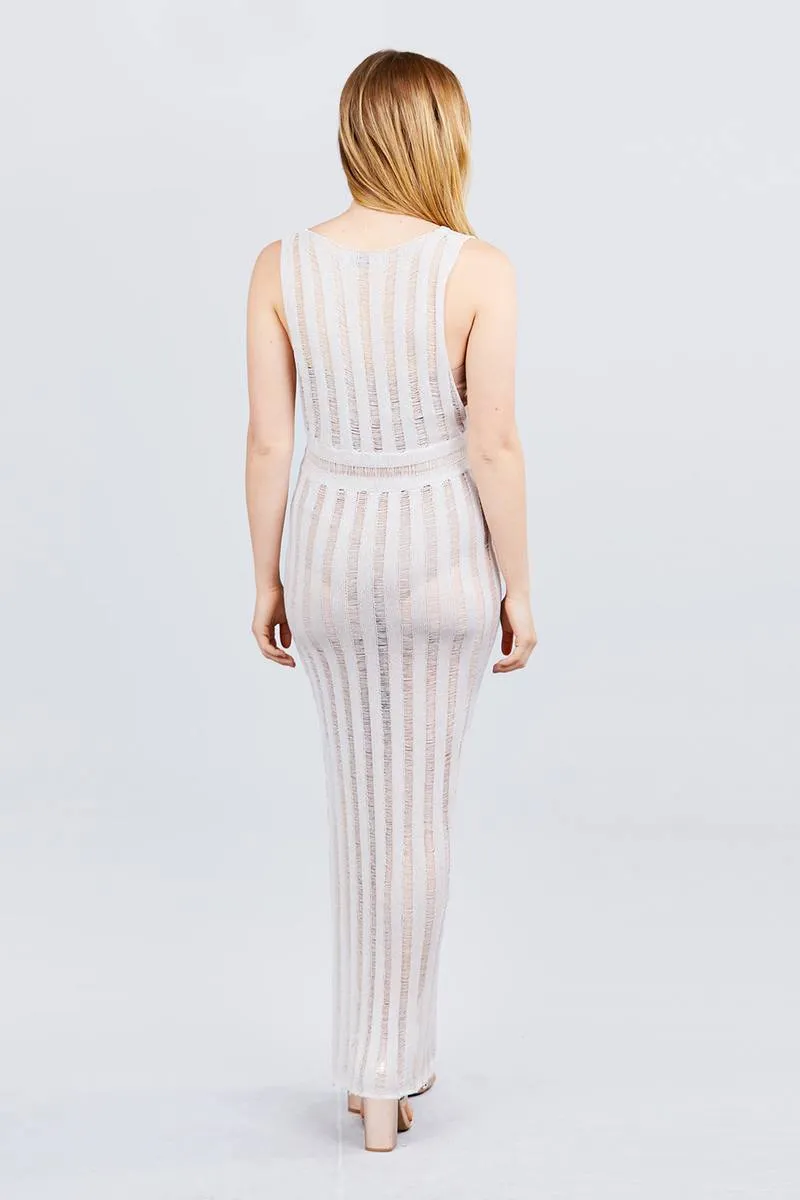 Sleeveless V-neck Side One Side Slit Long Knit Dress
