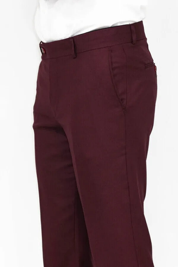Slim Fit Plain Burgundy Men Pants - Wessi