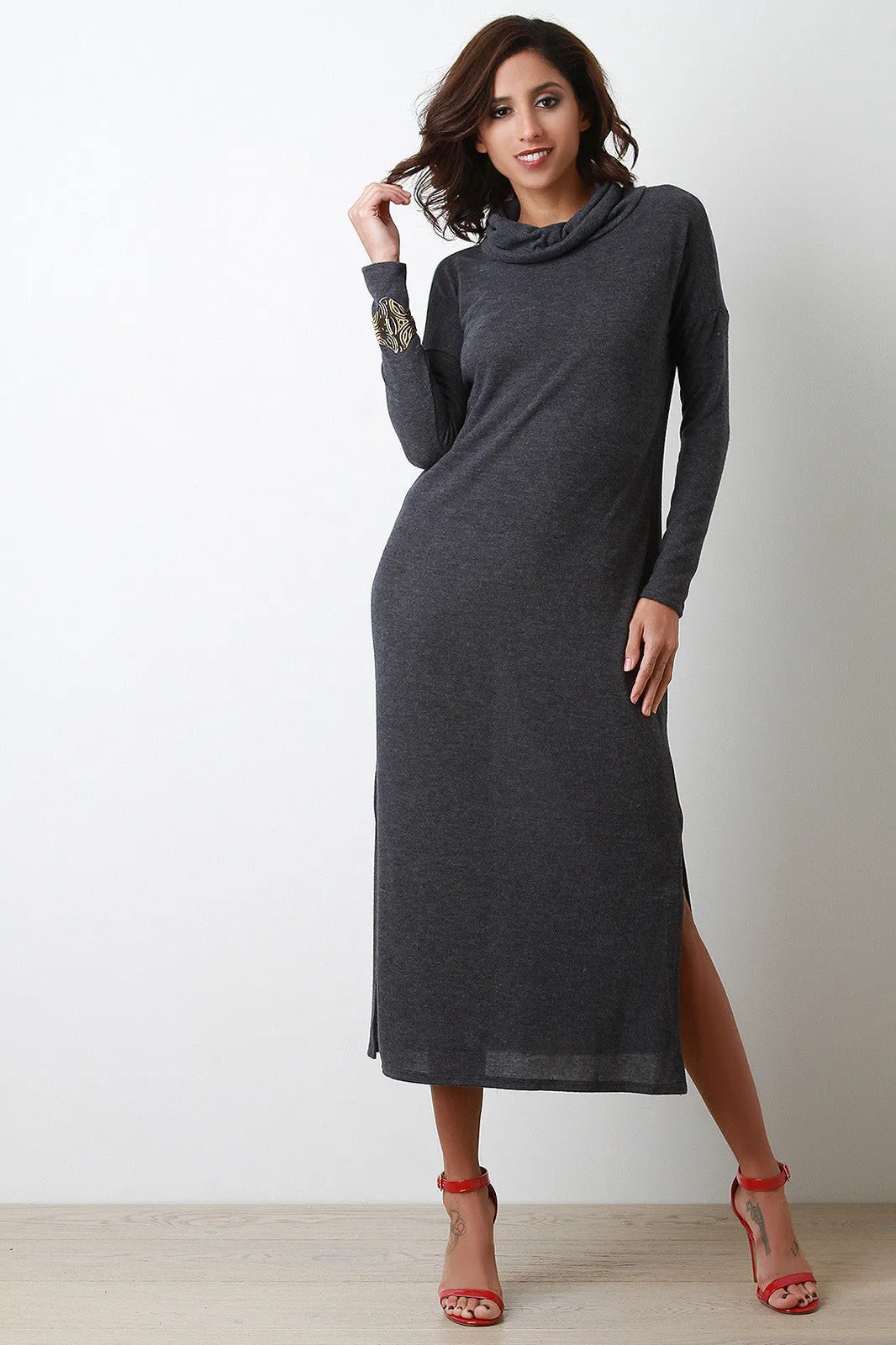 Soft Knit Cowl Neck Maxi Shift Dress