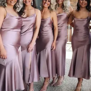 Spahgetti Straps Dusty Purple Tea Length Cheap Custom Bridesmaid Dresses, WG270