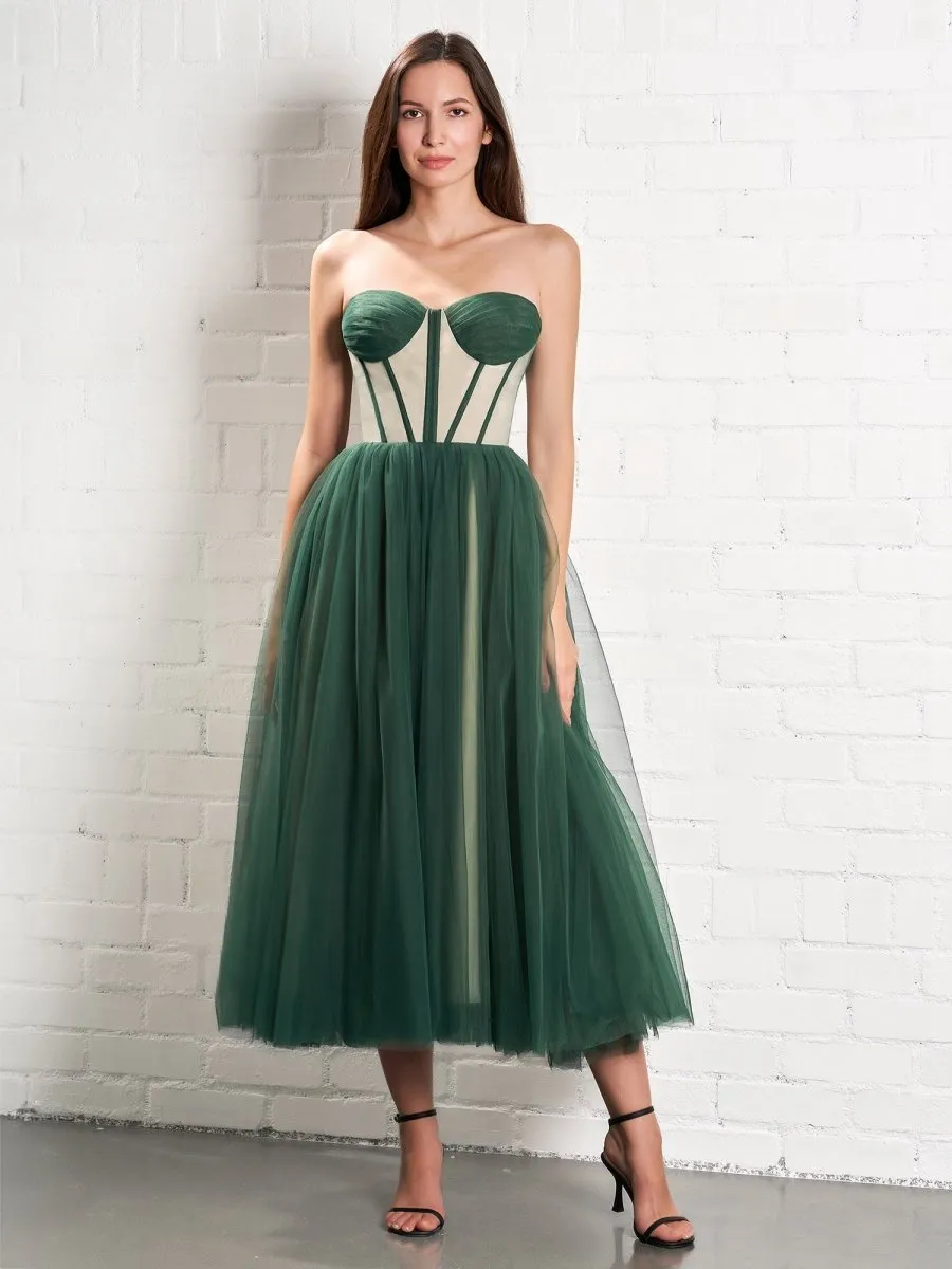Strapless Puffy Midi Tulle Dresses