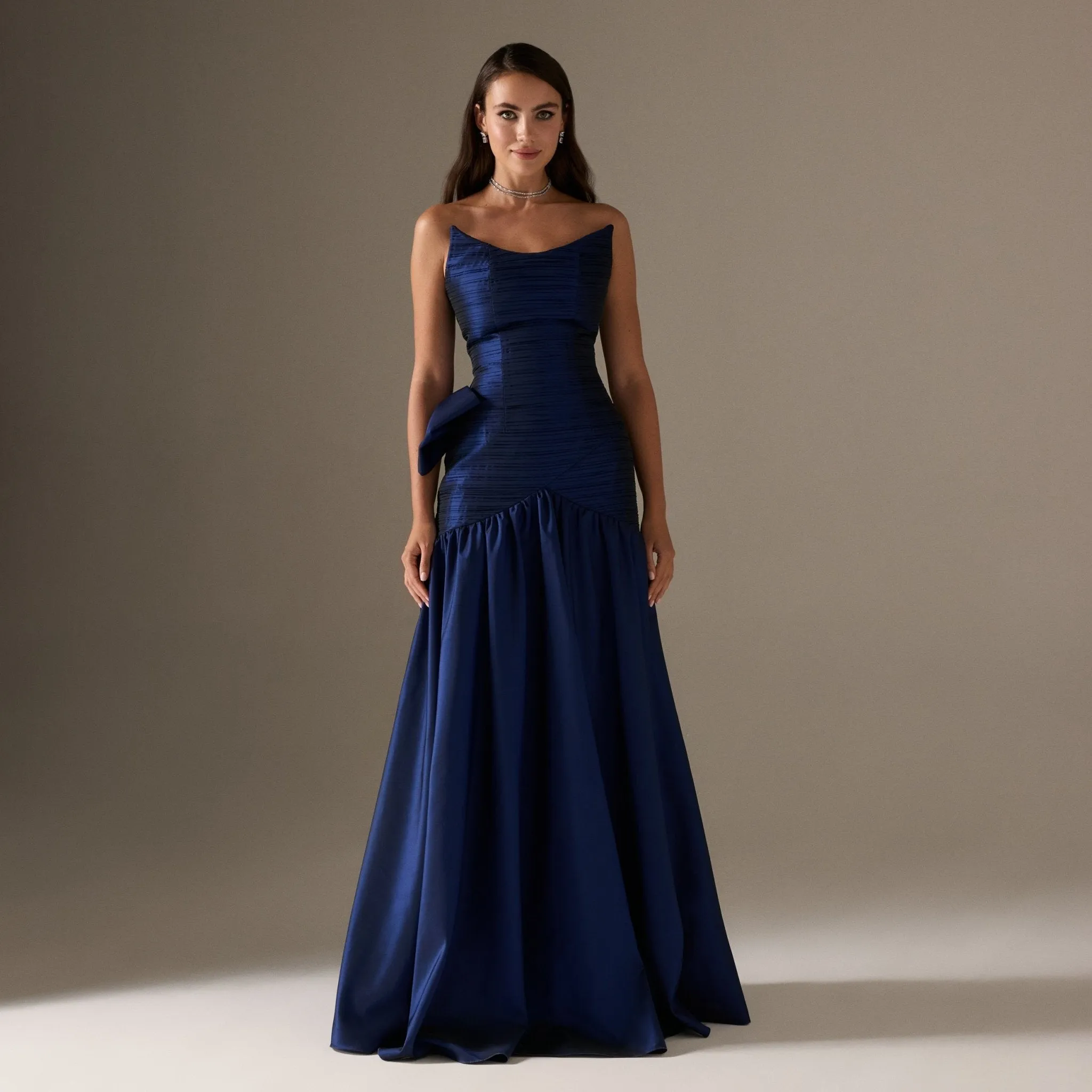 Strapless Ruched Taffeta Floor Length Dress