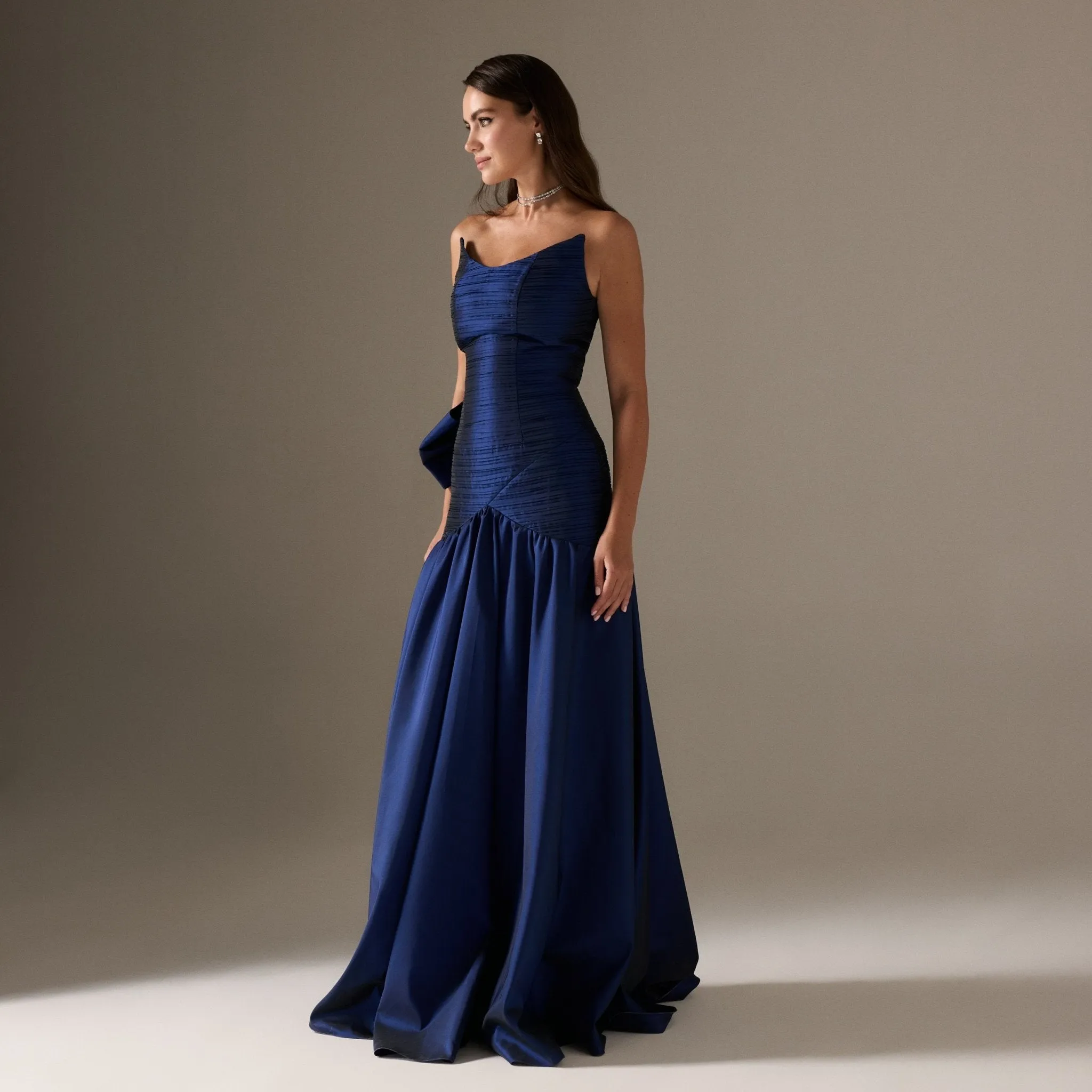Strapless Ruched Taffeta Floor Length Dress