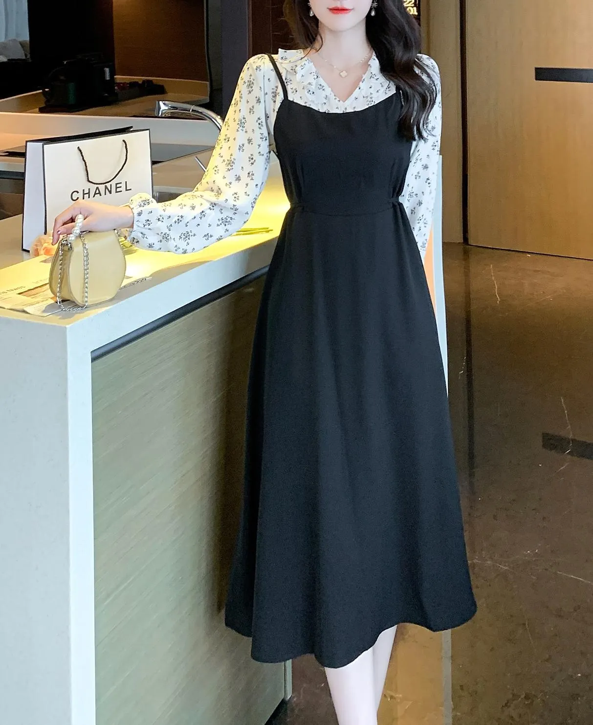 Strappy Mao Inspired Tea Tea Dress with Waist Detail