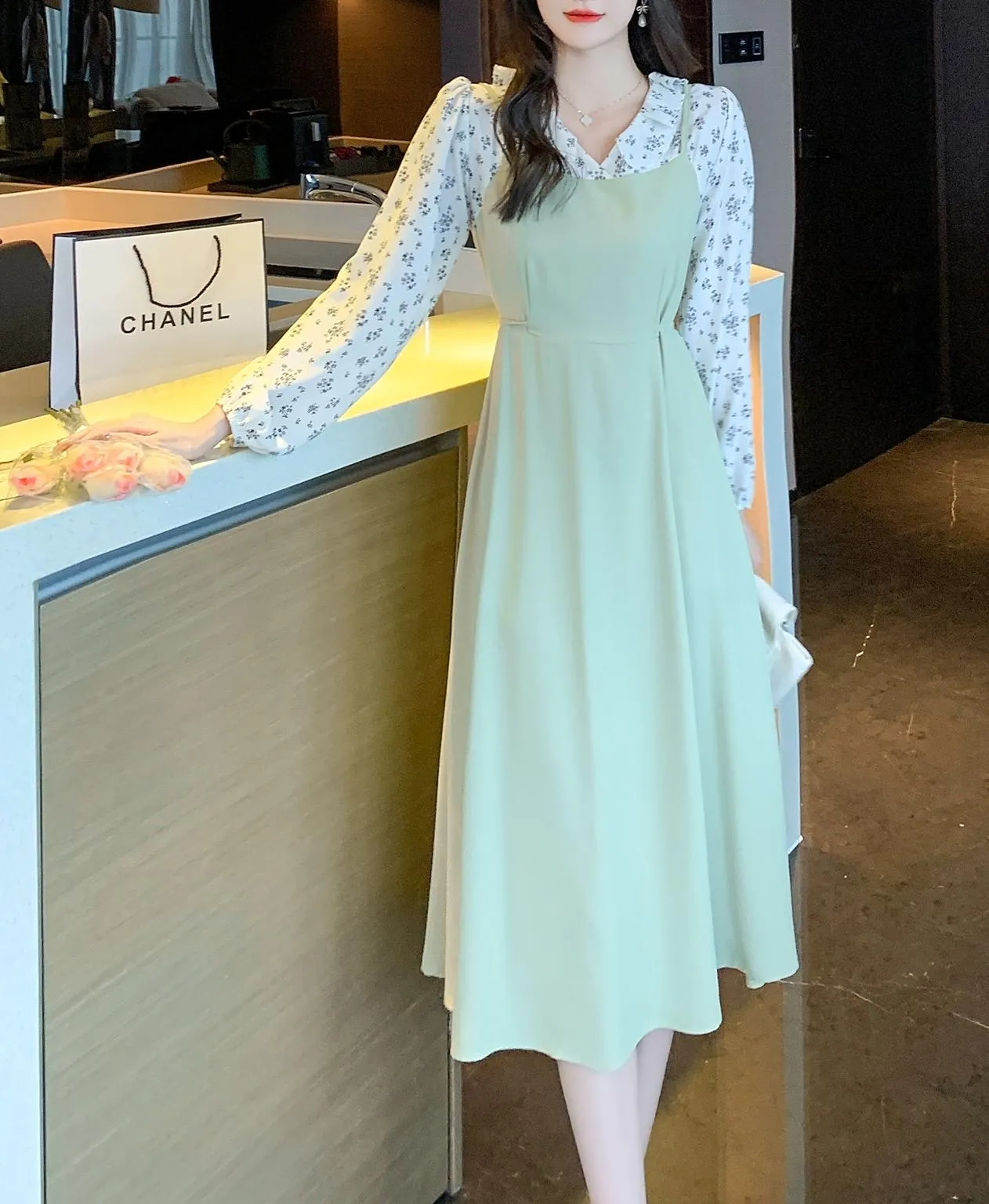Strappy Mao Inspired Tea Tea Dress with Waist Detail