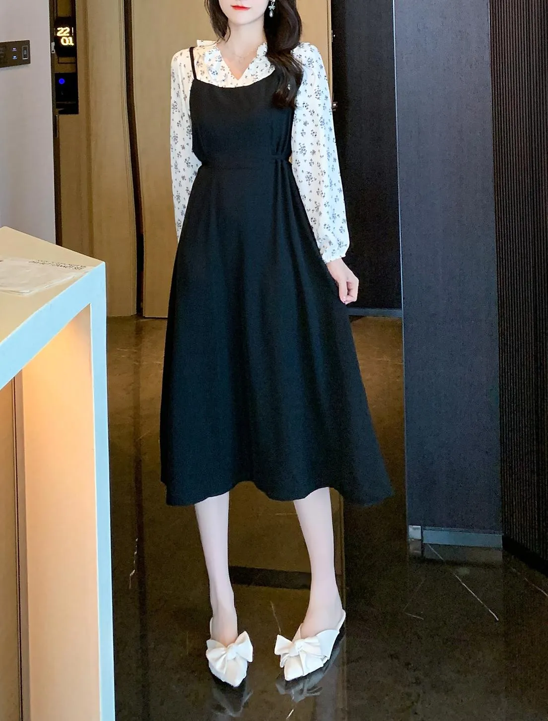 Strappy Mao Inspired Tea Tea Dress with Waist Detail