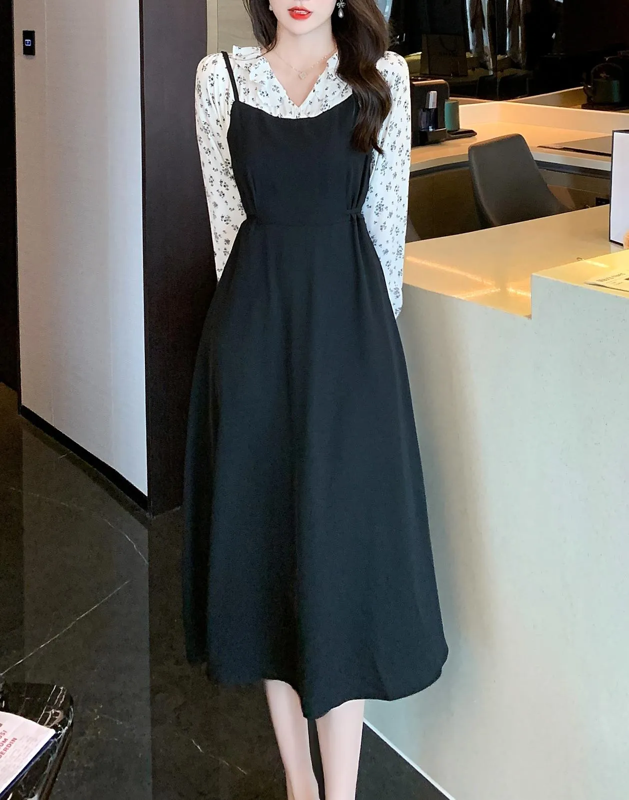 Strappy Mao Inspired Tea Tea Dress with Waist Detail