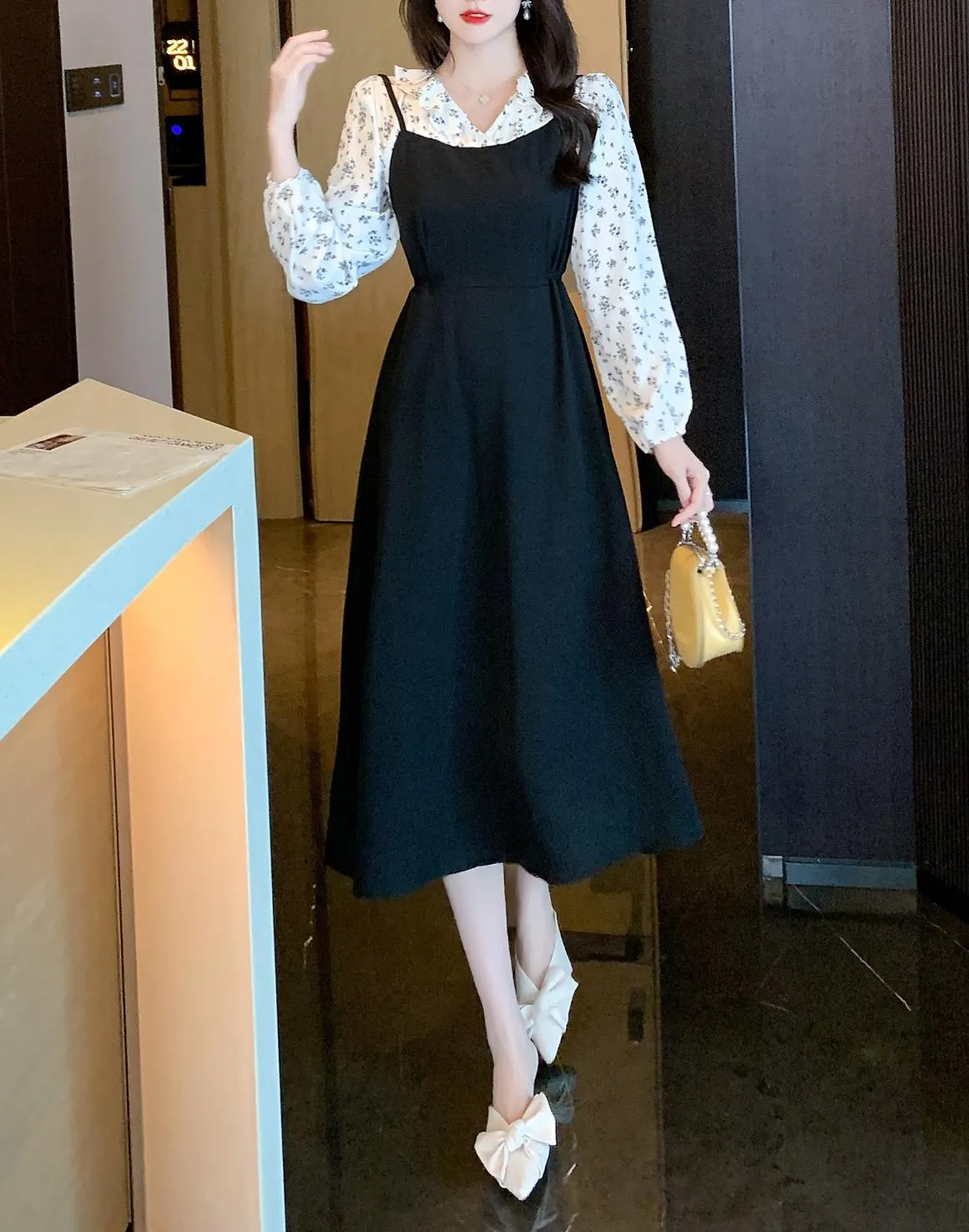 Strappy Mao Inspired Tea Tea Dress with Waist Detail
