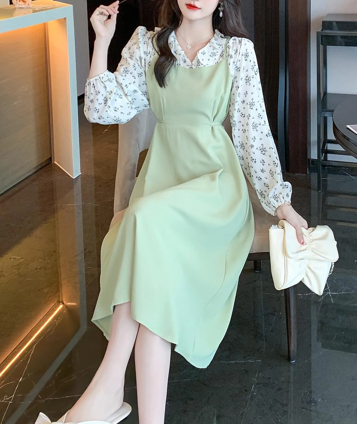 Strappy Mao Inspired Tea Tea Dress with Waist Detail