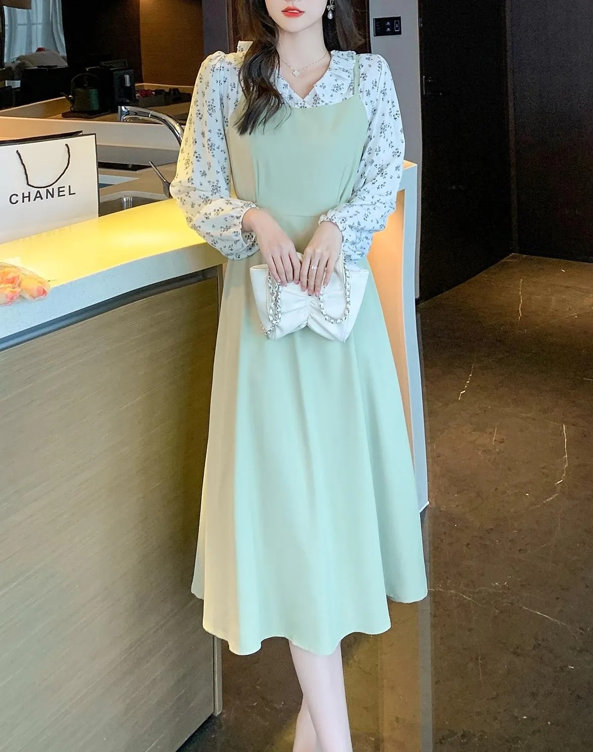Strappy Mao Inspired Tea Tea Dress with Waist Detail