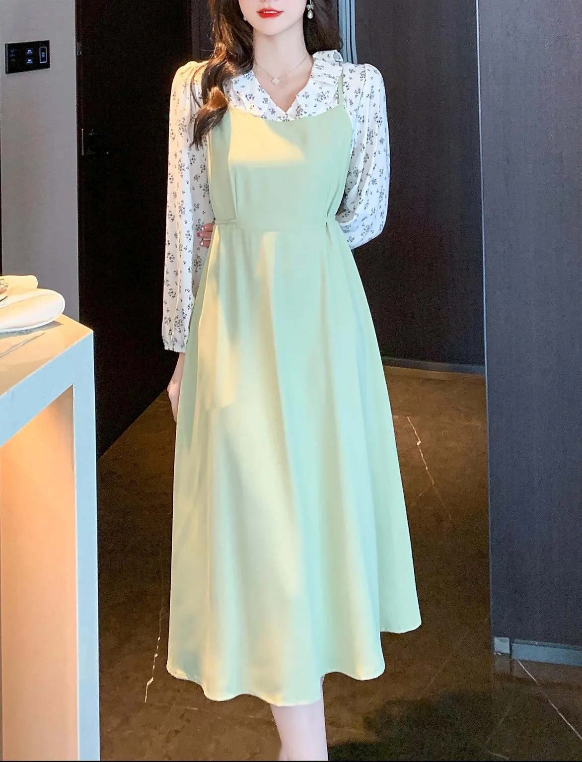 Strappy Mao Inspired Tea Tea Dress with Waist Detail