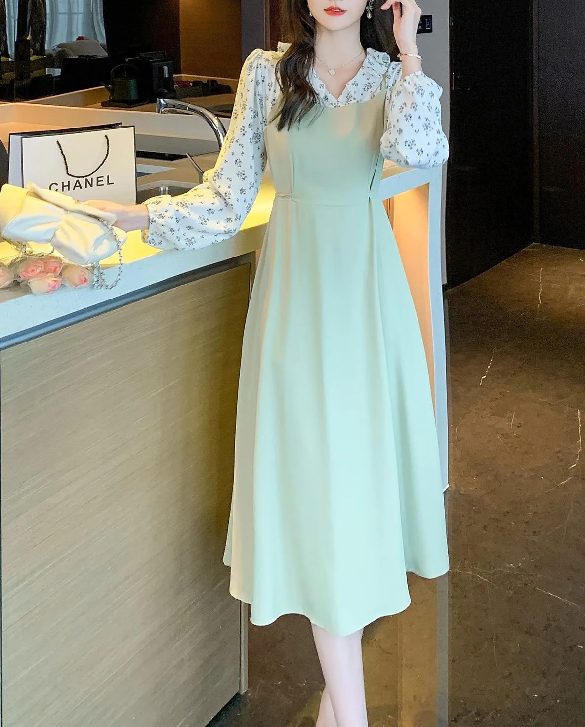Strappy Mao Inspired Tea Tea Dress with Waist Detail
