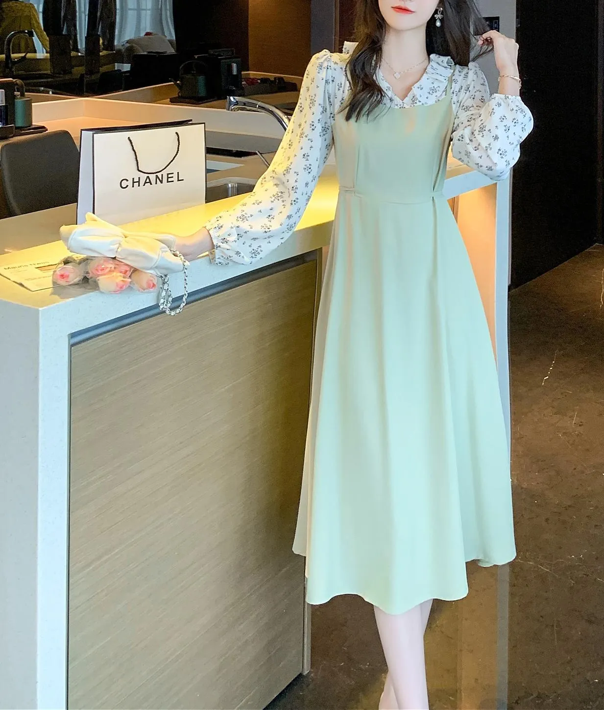 Strappy Mao Inspired Tea Tea Dress with Waist Detail