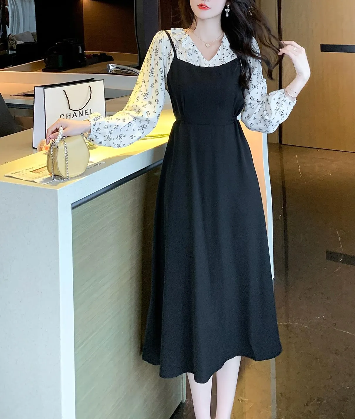 Strappy Mao Inspired Tea Tea Dress with Waist Detail