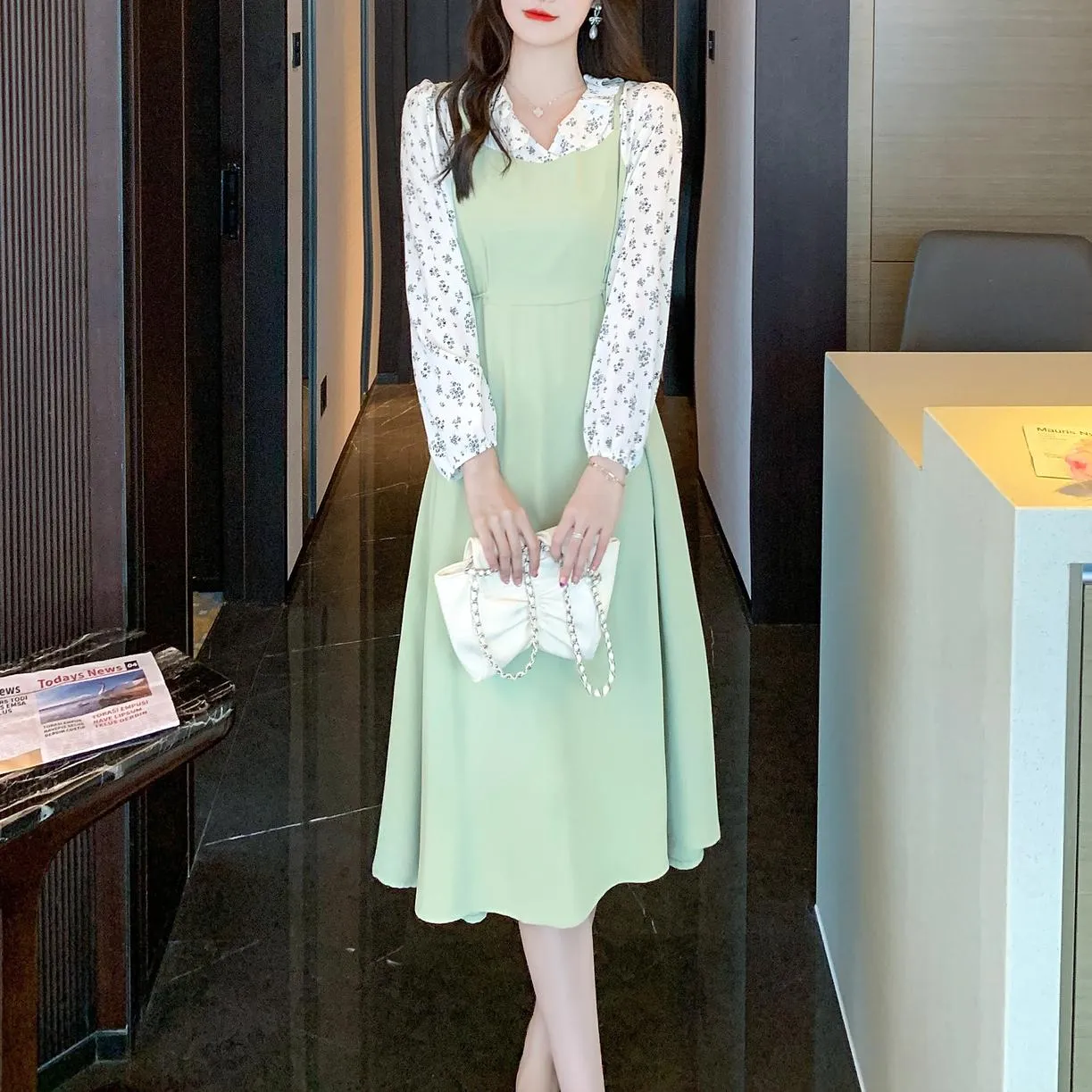 Strappy Mao Inspired Tea Tea Dress with Waist Detail