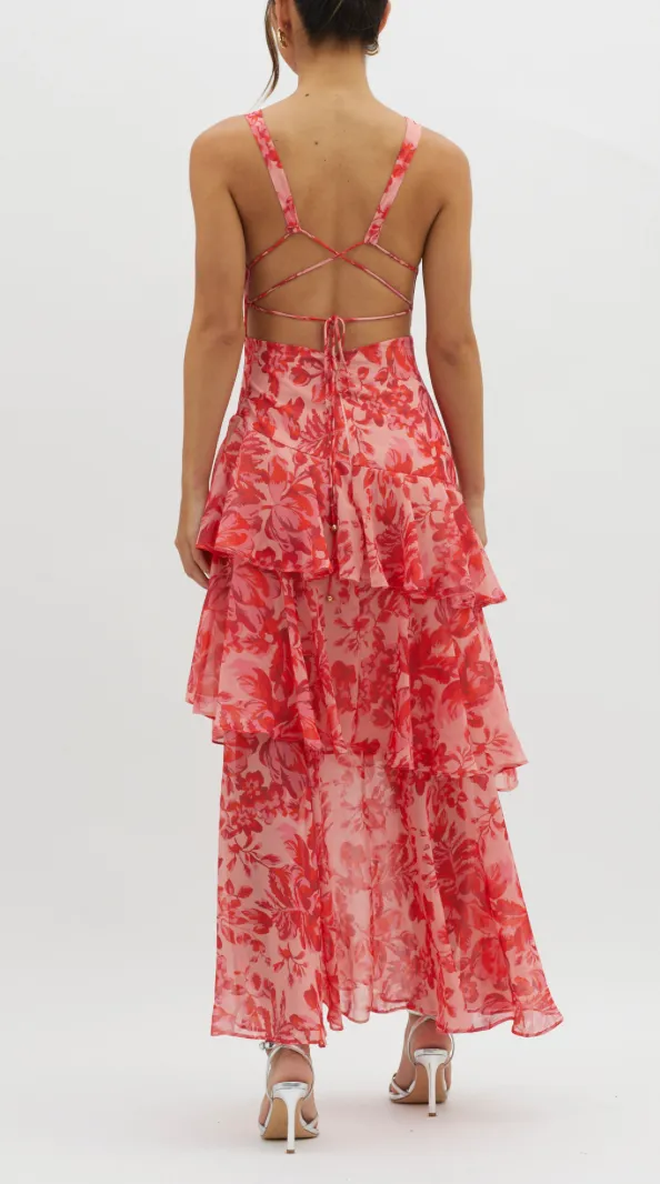 Strappy V Neck Floral Tiered Maxi Dress