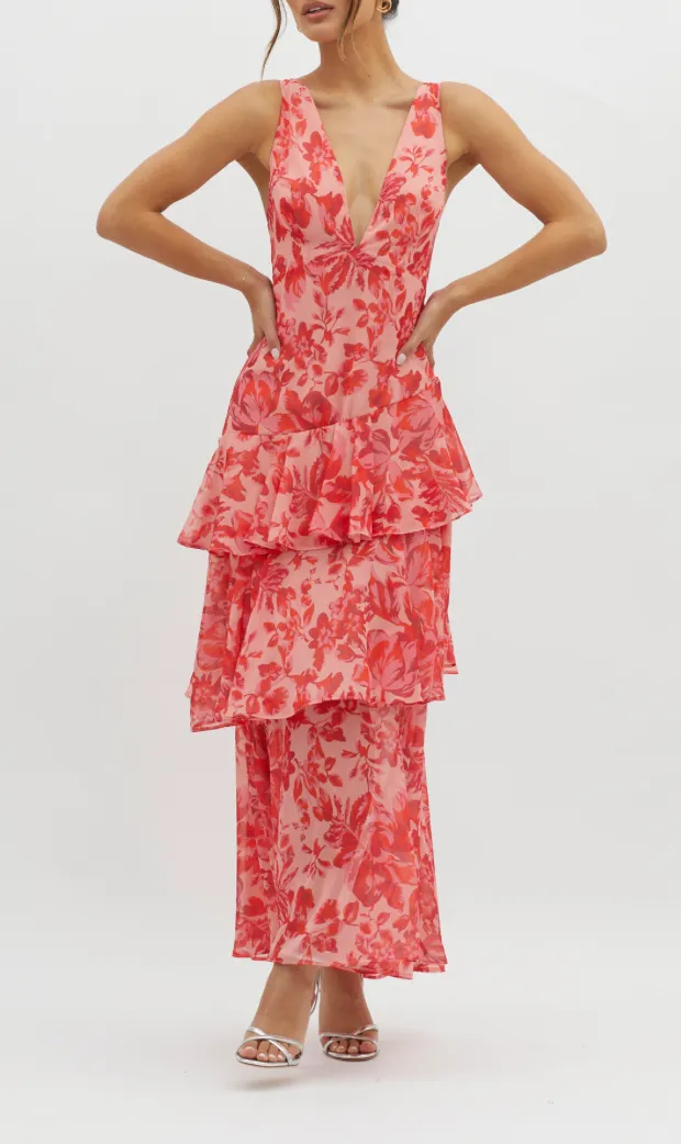 Strappy V Neck Floral Tiered Maxi Dress