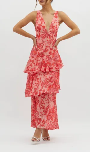 Strappy V Neck Floral Tiered Maxi Dress