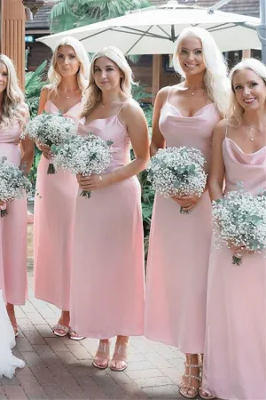 Straps Pink Sheath Tea Length Bridesmaid Dress