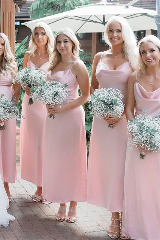 Straps Pink Sheath Tea Length Bridesmaid Dress