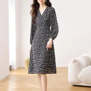 Stunning V-Neck Black Tea Tea Dress with Floral Design