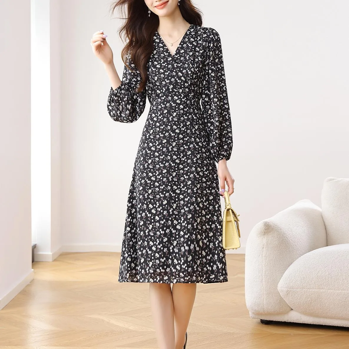 Stunning V-Neck Black Tea Tea Dress with Floral Design