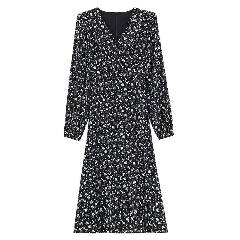 Stunning V-Neck Black Tea Tea Dress with Floral Design