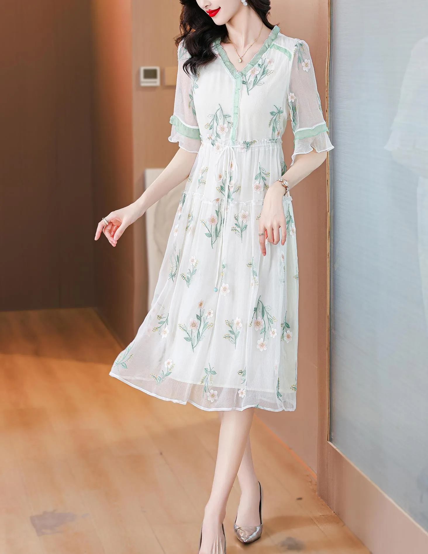 Stylish Mid-Length Embroidered Dress featuring Ruffle Neckline and Mesh