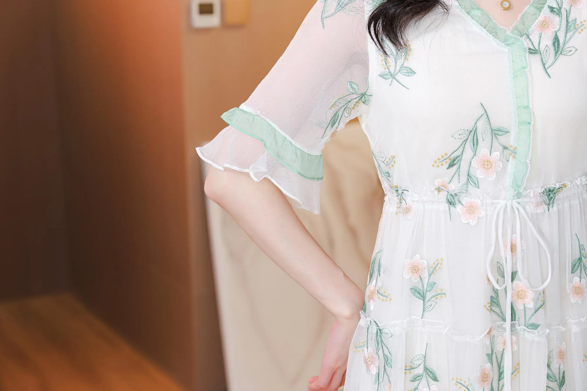 Stylish Mid-Length Embroidered Dress featuring Ruffle Neckline and Mesh