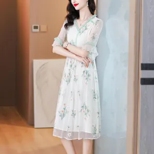Stylish Mid-Length Embroidered Dress featuring Ruffle Neckline and Mesh