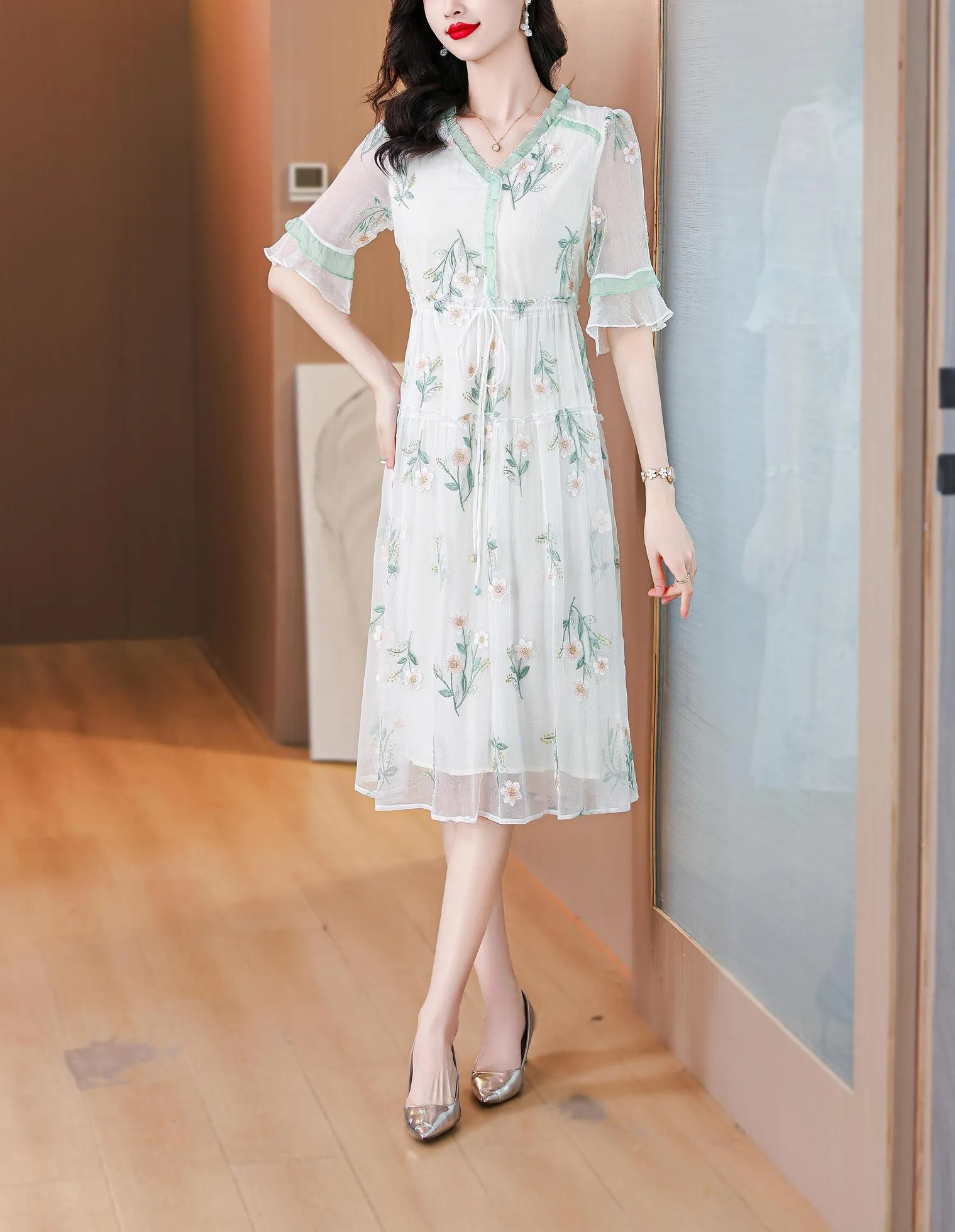 Stylish Mid-Length Embroidered Dress featuring Ruffle Neckline and Mesh