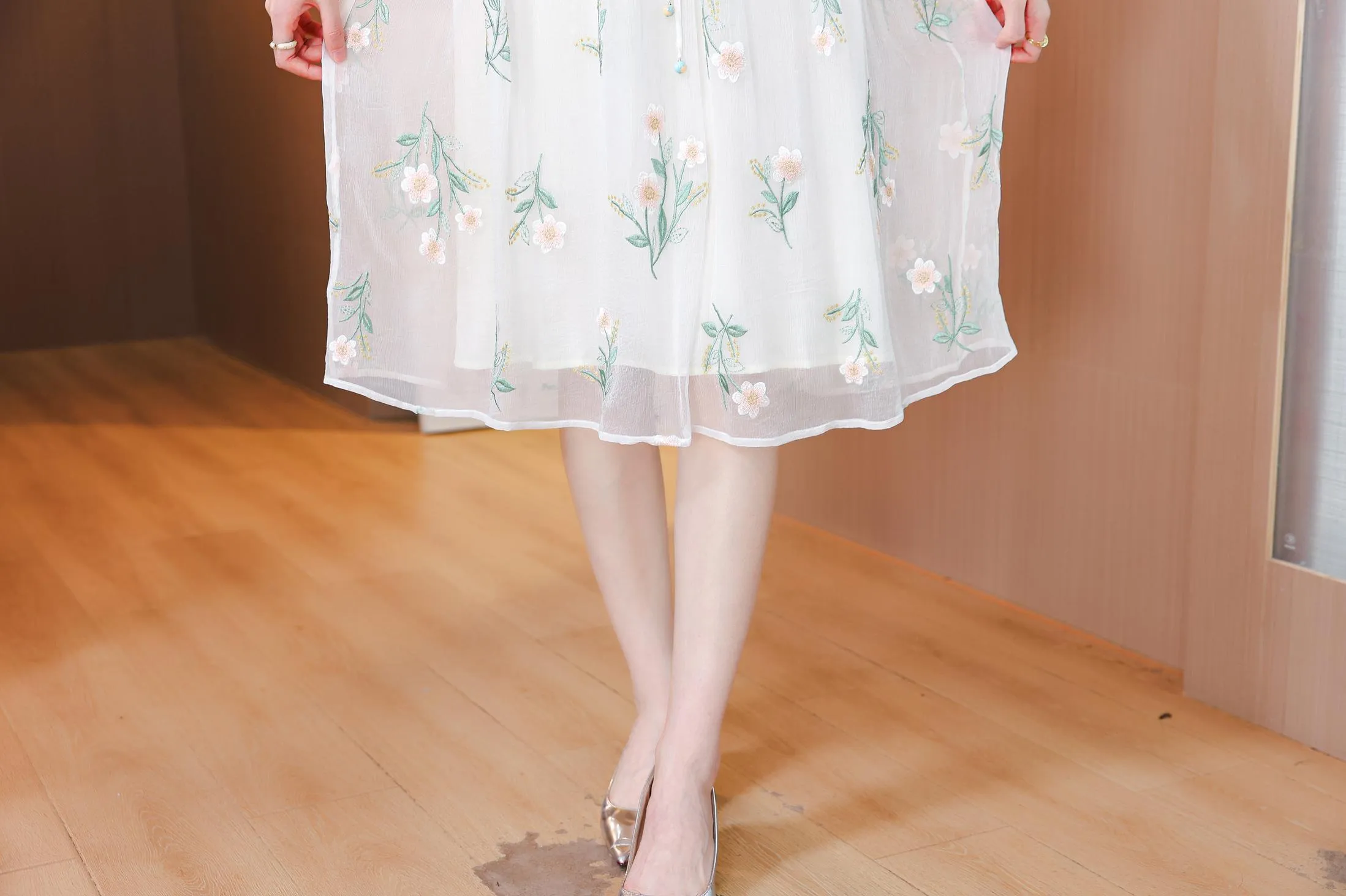 Stylish Mid-Length Embroidered Dress featuring Ruffle Neckline and Mesh