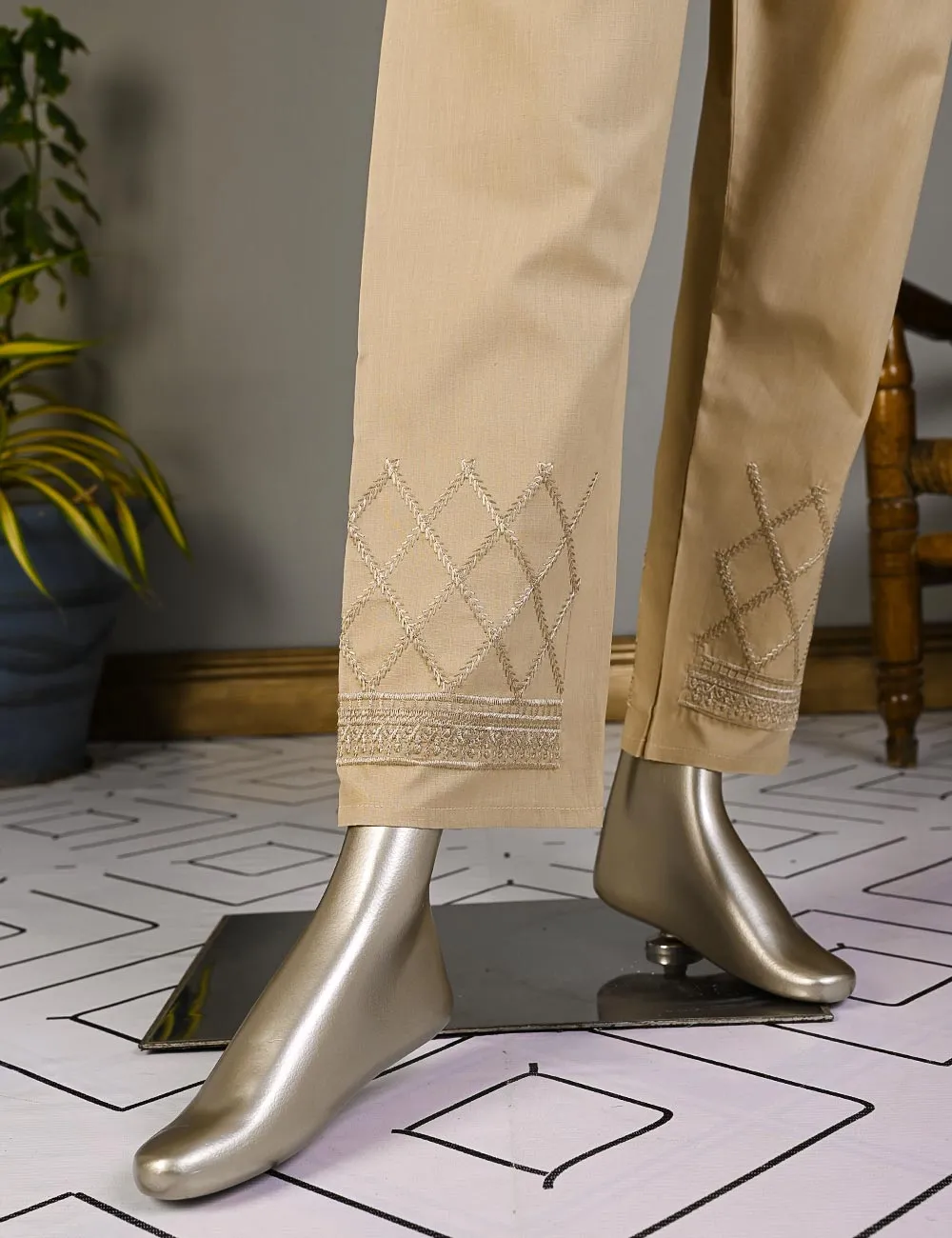 Super Quality Polyester Cotton Embroidered Stitched Trouser - (STC-02C-Skin)