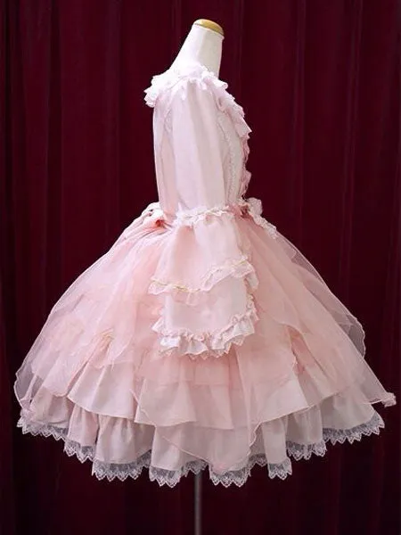 Sweet Lolita Dress OP Pink Bow Hime Sleeve Ball Gown Lolita One Piece Dress_
