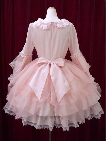 Sweet Lolita Dress OP Pink Bow Hime Sleeve Ball Gown Lolita One Piece Dress_