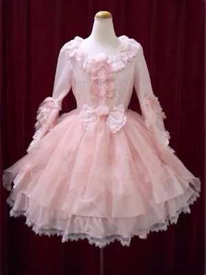 Sweet Lolita Dress OP Pink Bow Hime Sleeve Ball Gown Lolita One Piece Dress_