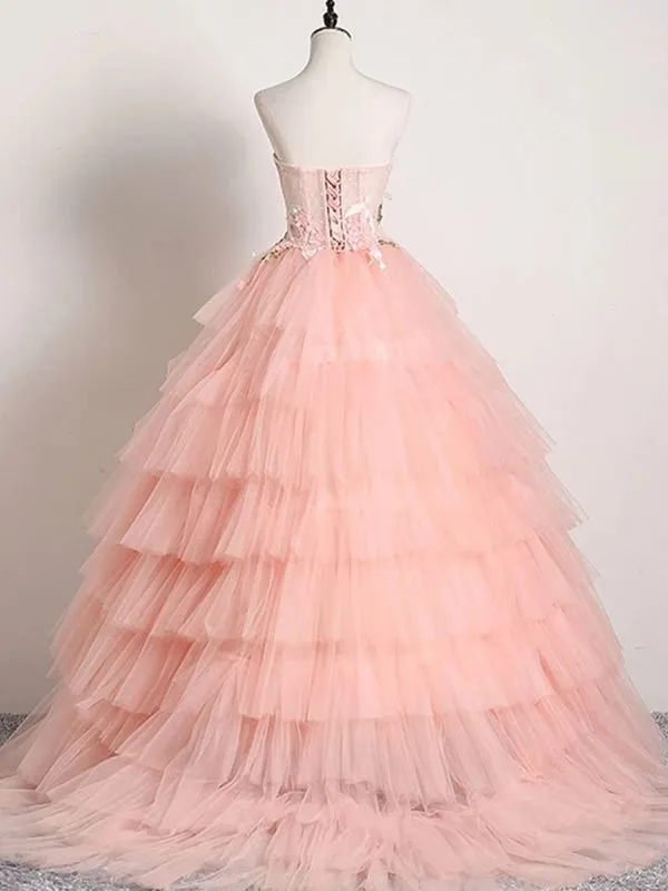 Sweetheart Neck Backless Pink Lace Appliques Prom Dresses, Lace Pink Formal Dresses, Pink Evening Dresses, Ball