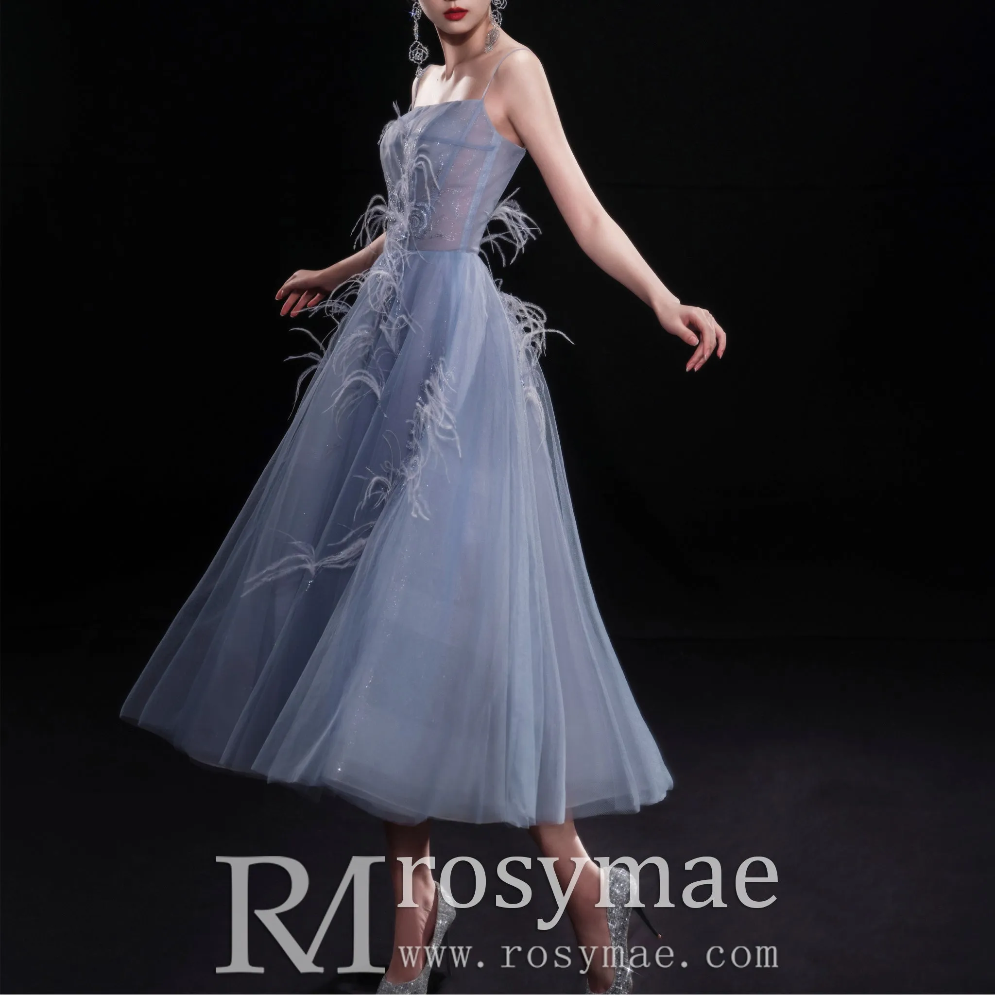 Tea Length A-line Cocktail Dress Party Gown with Spaghetti Strap